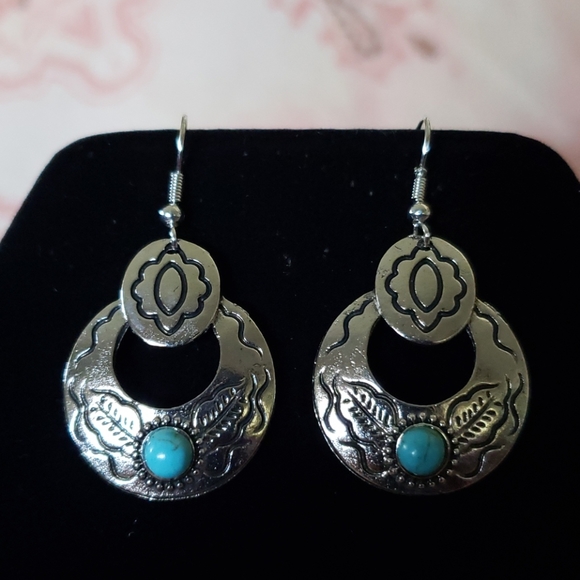Silver Turquoise Earrings. Hoop. Dangle. Concho - Picture 7 of 7